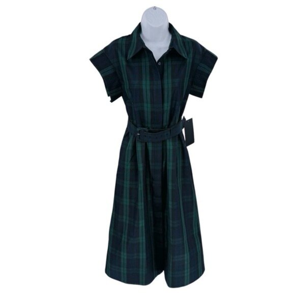 Tuckernuck NEW Blackwatch Chloe Plaid Navy Green Classic Midi Dress Size M - Picture 5 of 12